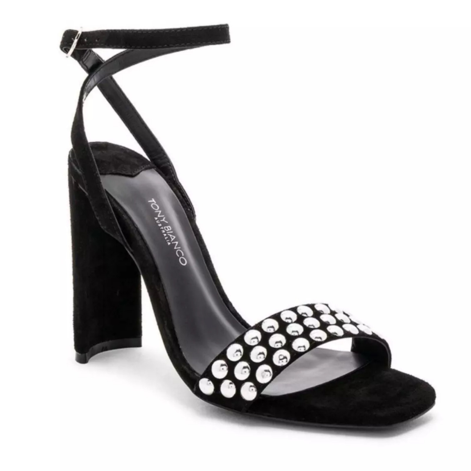 Tony Bianca Sebastian Black Kid Suede Studded Ankle Strap Heeled Sandal 10